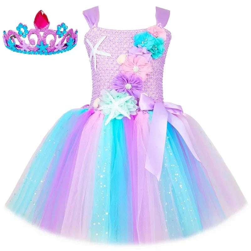 Princess Mermaid Dress for Girls - Pastel Floral Tutu Party & Halloween Costume Dress