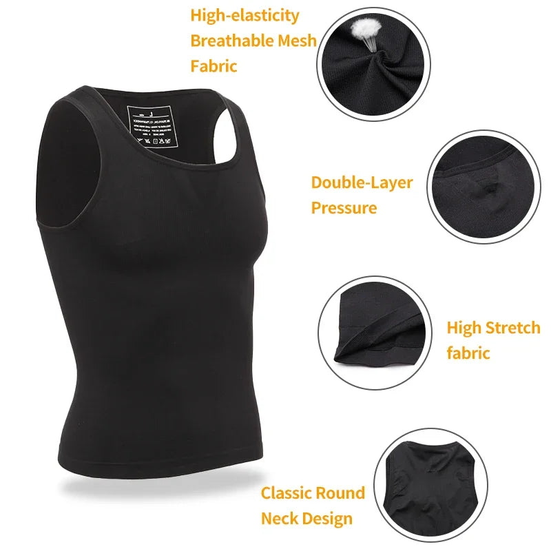 Men’s Slimming Body Shaper Compression Shirt – Abdomen & Abs Shapewear Tank Top to Hide Gynecomastia Moobs for Workout & Daily Wear