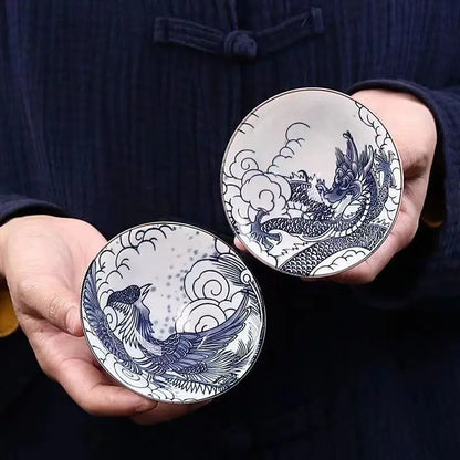 70ML Handmade Blue & White Porcelain Tea Cup – Dragon, Phoenix & Fish Pavilion Design for Chinese Kungfu Tea Ceremony