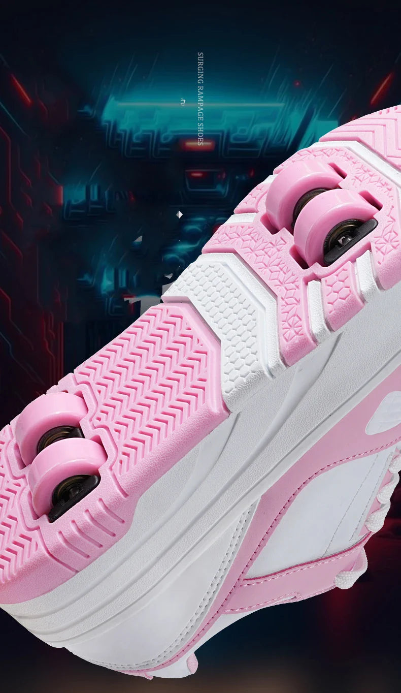 Four-Wheel Roller Shoes for Boys & Girls – Casual Outdoor Sports Sneakers with Pulleys, Slide & Shrink School Walking Shoes