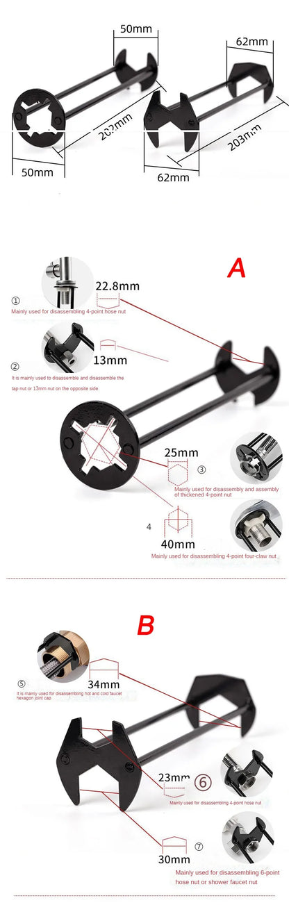 Household Plumbing Repair Tool Set – Flume Sink Wrench, Faucet Key & Hexagon Pipe Wrench (4-Claw Bathroom Tools)