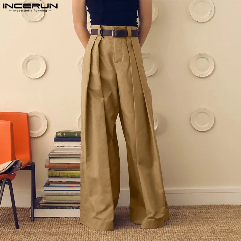 INCERUN Men Wide Leg Pants - Loose Pleated Casual Streetwear Button Trousers S-5XL