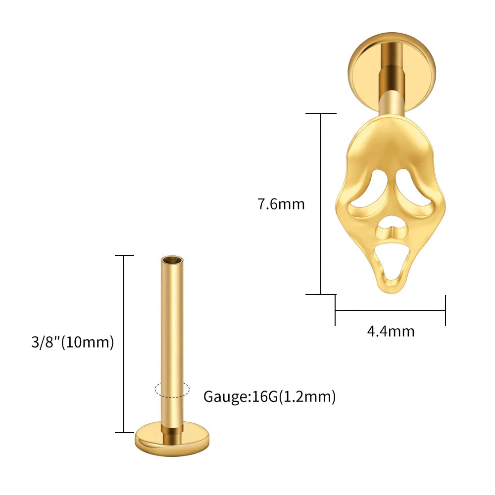 Right Grand ASTM F136 Titanium 16G Ghost Face Flat Back Earring – Halloween CZ Cartilage Stud for Helix, Labret & Nose Piercing Jewelry