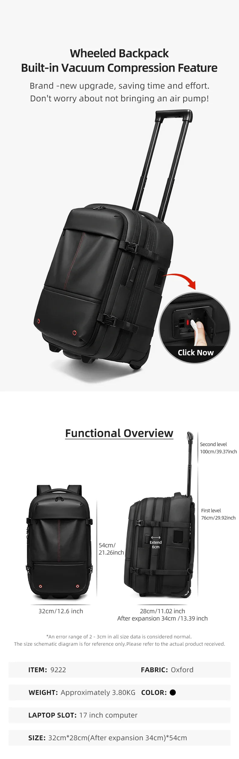 Travel Trolley Vacuum Compression Backpack — Wheeled Rolling Luggage Bag for Men, Boardable Business Travel