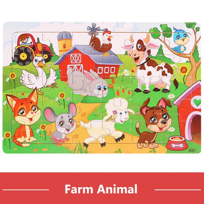 30PCS Montessori Wooden 3D Cartoon Animal Puzzle – Educational Jigsaw Board Game for Kids