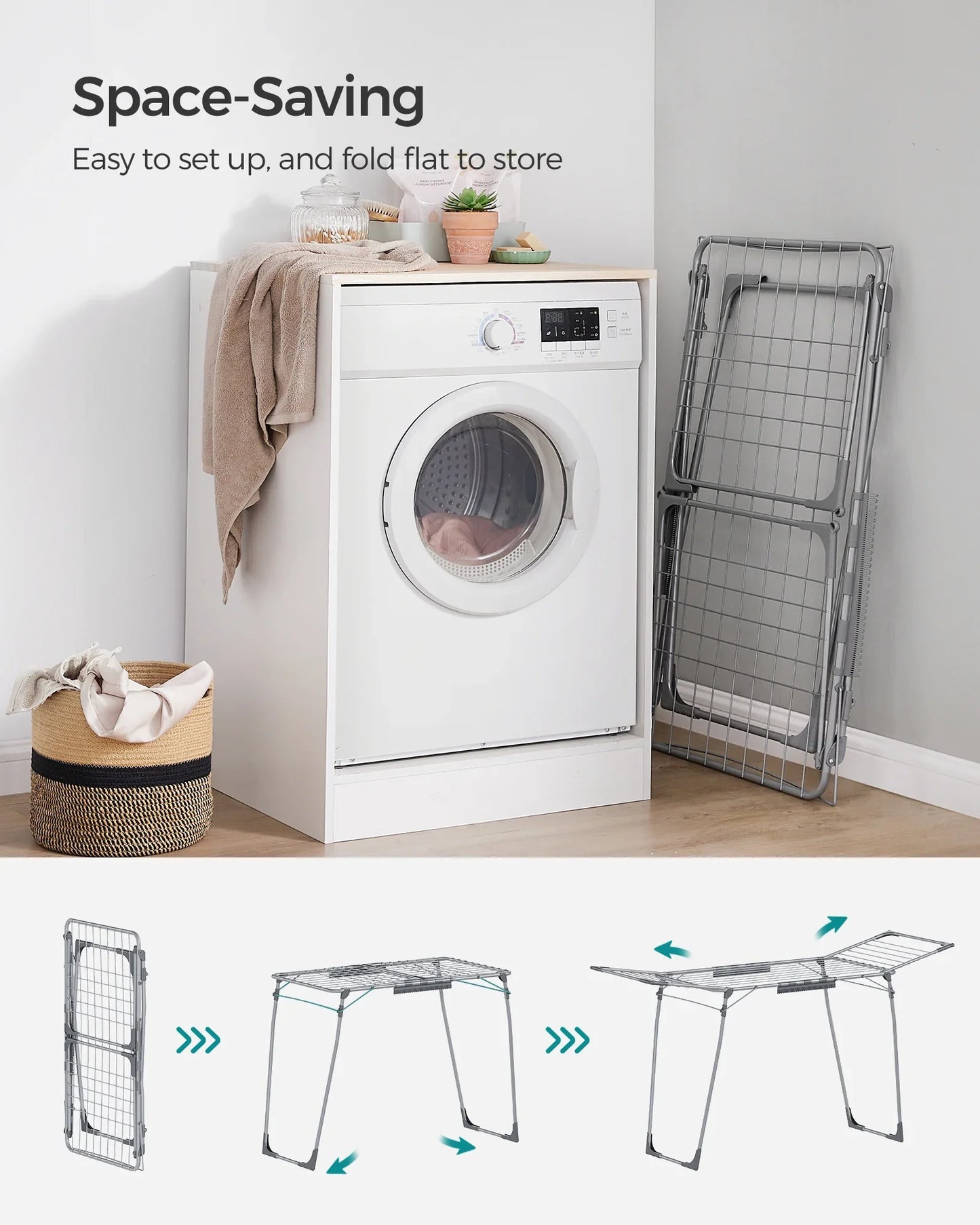 SONGMICS Foldable Gullwing Clothes Drying Rack – Space-Saving Laundry Rack with Sock Clips, 22.2"x68.1"x38"
