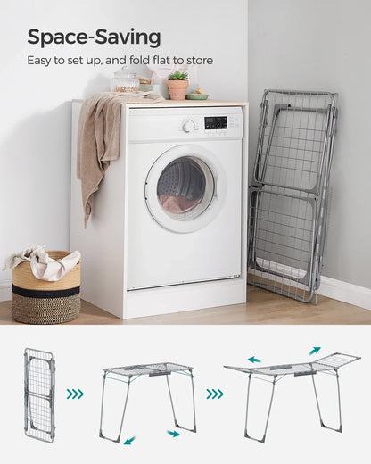 SONGMICS Foldable Gullwing Clothes Drying Rack – Space-Saving Laundry Rack with Sock Clips, 22.2"x68.1"x38"