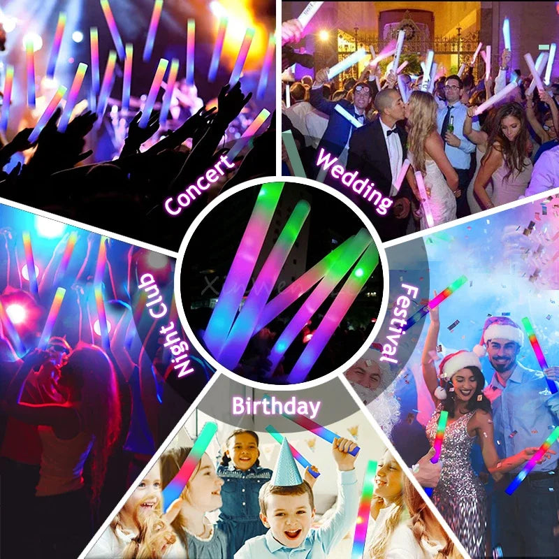 30/60/100/120Pcs RGB LED Glow Foam Sticks – Colorful Cheer Tubes for Dark Light, Birthday, Wedding, and Party Supplies