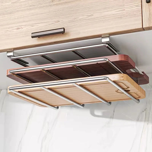 Under Cabinet Cutting Board Organizer – Stainless Steel Hanging Rack for Chopping Boards & Pot Lids