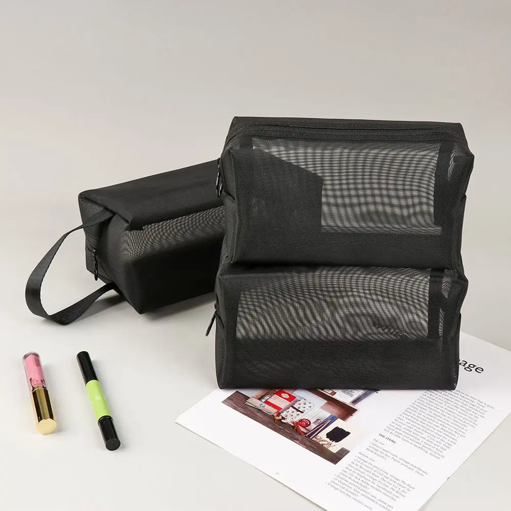 Travel Black Mesh Cosmetic Bag — Zipper Makeup & Toiletry Organizer for Women, Portable Storage Pouch