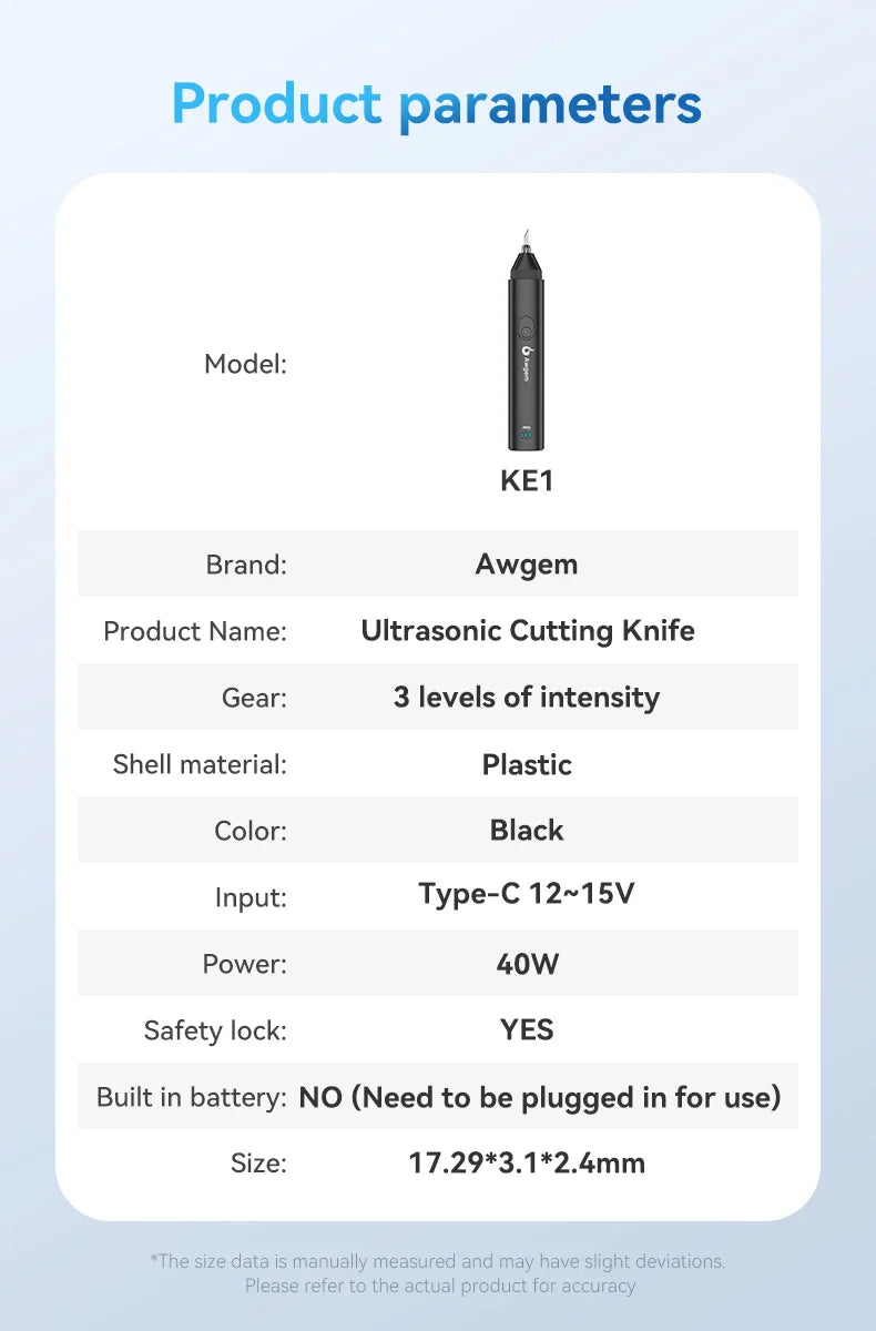 Awgem 40KHz Handheld Ultrasonic Cutter — DIY Electric Carving Tool for Plastic, Resin, 3D Printing & Textile Cutting