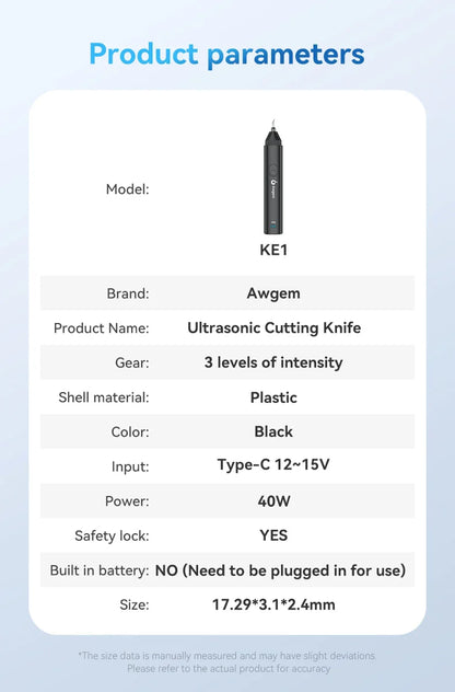 Awgem 40KHz Handheld Ultrasonic Cutter — DIY Electric Carving Tool for Plastic, Resin, 3D Printing & Textile Cutting