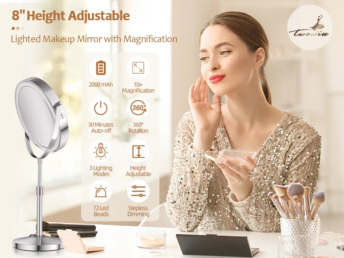 8-Inch Makeup Mirror with Light – 10X Magnification, 3 Color LED, Adjustable Brightness & Height Standing Cosmetic Mirror