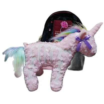 Dark Punk Unicorn Backpack – Gothic Pink Plush Flying Horse Skeleton Stuffed Crossbody Bag, High-Quality Gift for Friends