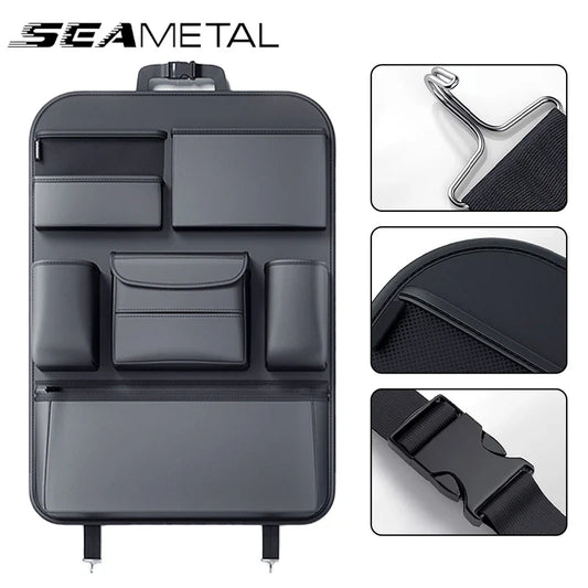 SEAMETAL Car Seat Back Storage Bag – PU Leather Auto Organizer with Tissue Box, Multifunctional Car Storage Accessory