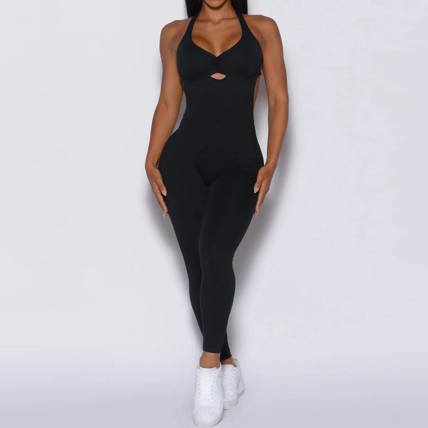 Women’s Black Sporty Jumpsuit – 2025 Workout Yoga Gym Set with Push-Up Fitness Overalls