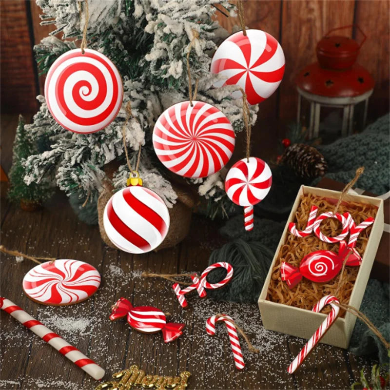 12PCS Wooden Christmas Candy Ornaments – Red & White Hanging Decorations for Tree, Home & New Year Party