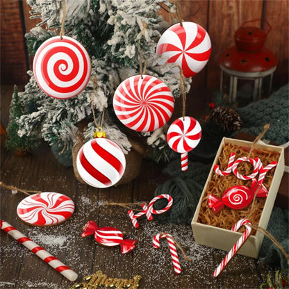 12PCS Wooden Christmas Candy Ornaments – Red & White Hanging Decorations for Tree, Home & New Year Party