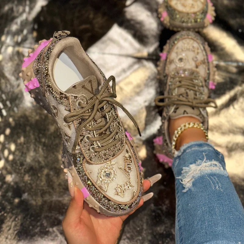 Women’s Casual Sneakers – Luxury Rhinestone Platform Sports Shoes, Fashionable Outdoor Footwear
