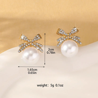 Women’s Silver Bow Earrings with Diamond Pearl – Fashionable High-End Studs