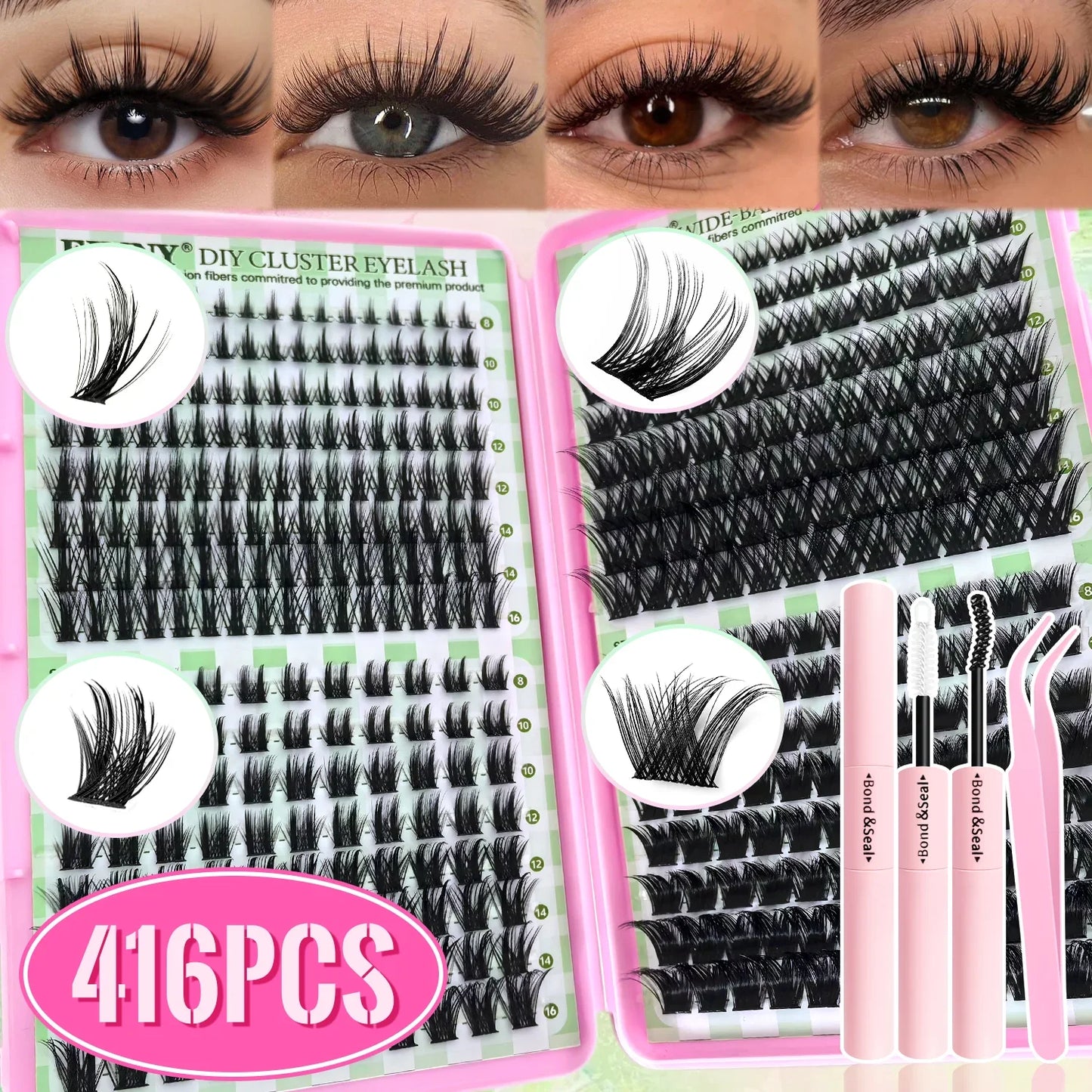 Top & Bottom Lash Extension Kit – 250/740 Cluster Fluffy Volume Mix Lengths DIY Eyelash Set for Bold Bombshell & Natural Lash Looks