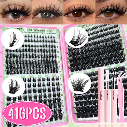 Top & Bottom Lash Extension Kit – 250/740 Cluster Fluffy Volume Mix Lengths DIY Eyelash Set for Bold Bombshell & Natural Lash Looks