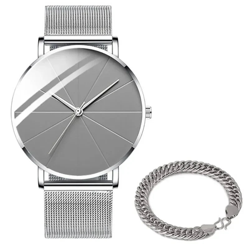 Men’s Minimalist Ultra-Thin Quartz Watch – Stainless Steel Mesh Band Business Fashion Wristwatch