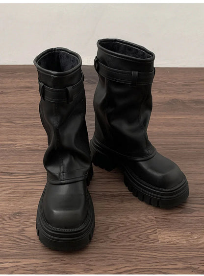 Women’s Winter Biker Boots – Fashion Belt Buckle Platform Short Booties, Casual Knight-Style Flats