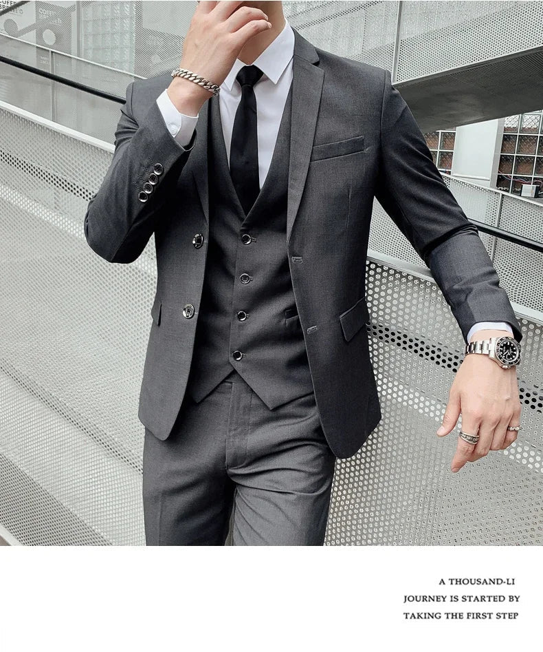 Men’s Business Suit Set — Blazer, Vest & Pants, Slim Fit Solid Color Wedding & Formal Dress Suit, Plus Size