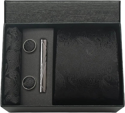100% Silk Paisley Floral Necktie Set for Men - Premium Business Tie with Pocket Square Tie Clip Cufflinks Gift Box