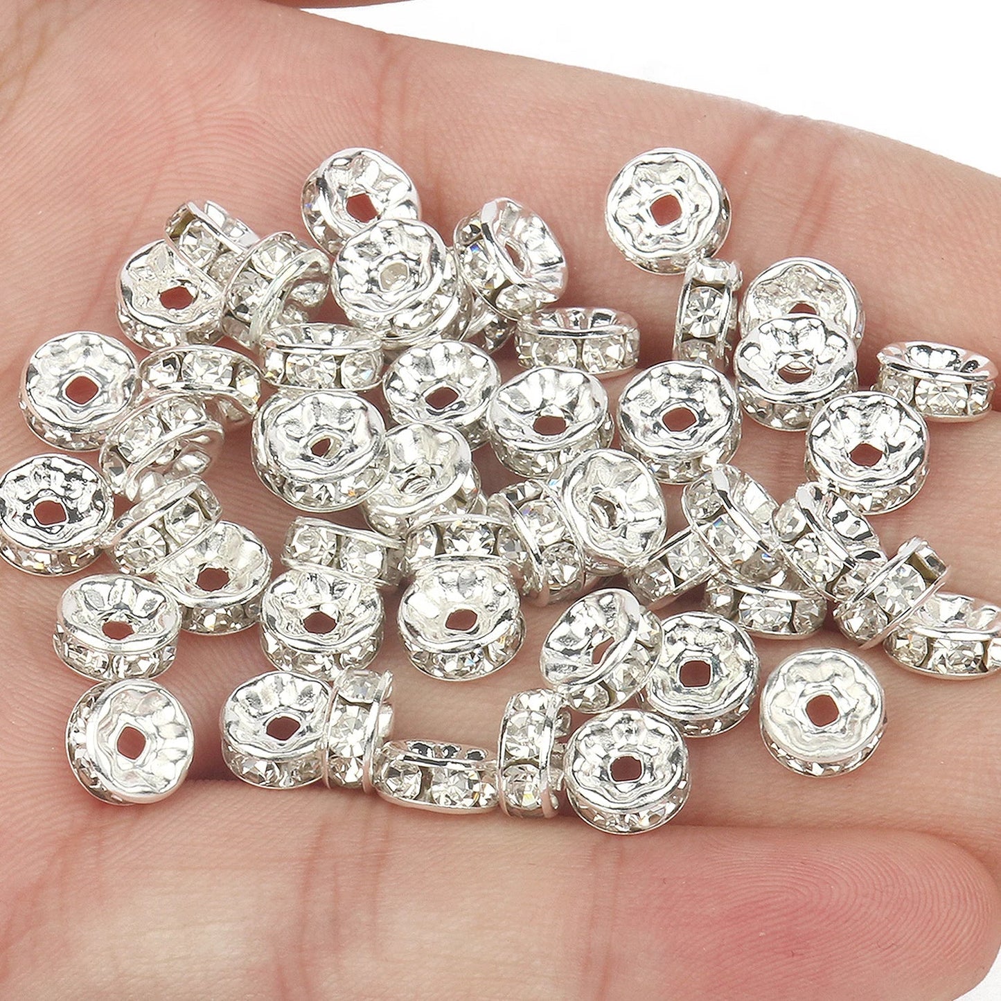 50PCS Rhinestone Spacer Beads Set – Multi-Color Crystal Rondelle Metal Beads for DIY Jewelry & Bracelet Making