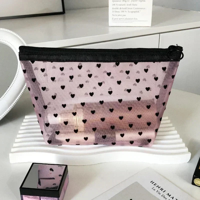 Nylon Mesh Heart-Shaped Cosmetic Bag — Zipper Toiletry & Makeup Organizer Pouch for Women, Multifunctional Lipstick, Key, and Coin Purse