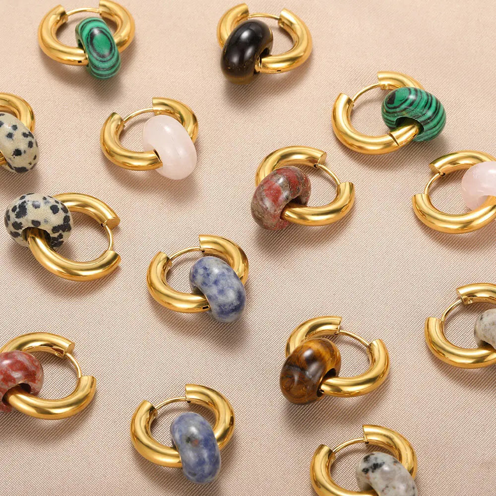 Leopard Bead Opal Stainless Steel Hoop Earrings — Gold Color, Anti-Fading Wedding & Prom Jewelry for Women, Gift Accessory