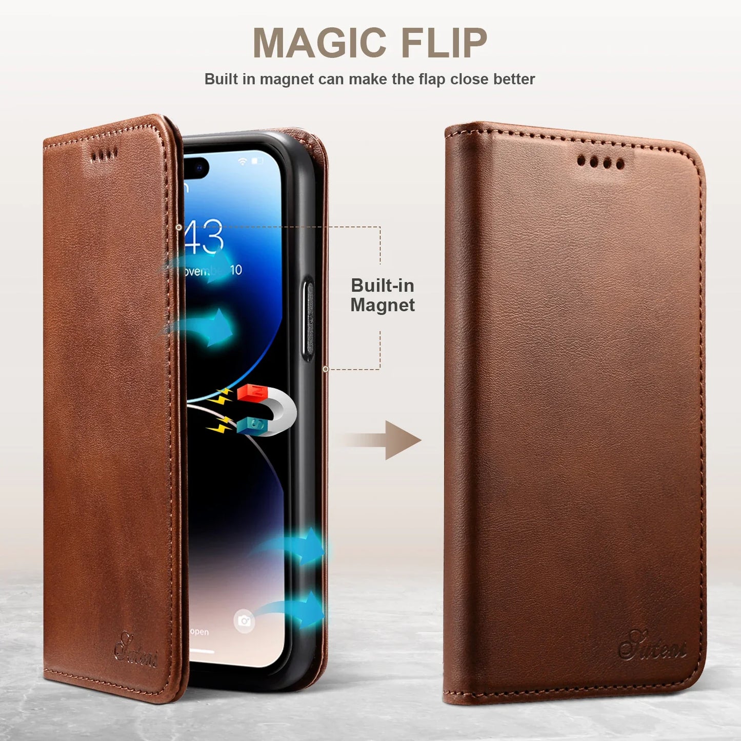 SUTENI Leather Wallet Phone Case — Flip Cover with Card Holder & Stand for iPhone 7/8/11/12/13/14/15/16 Pro Max/XR/XS