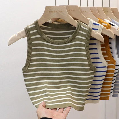 Women's Striped Sleeveless Tank Top — Knitted Crop Summer & Spring Casual Slim Fit Vest Camis