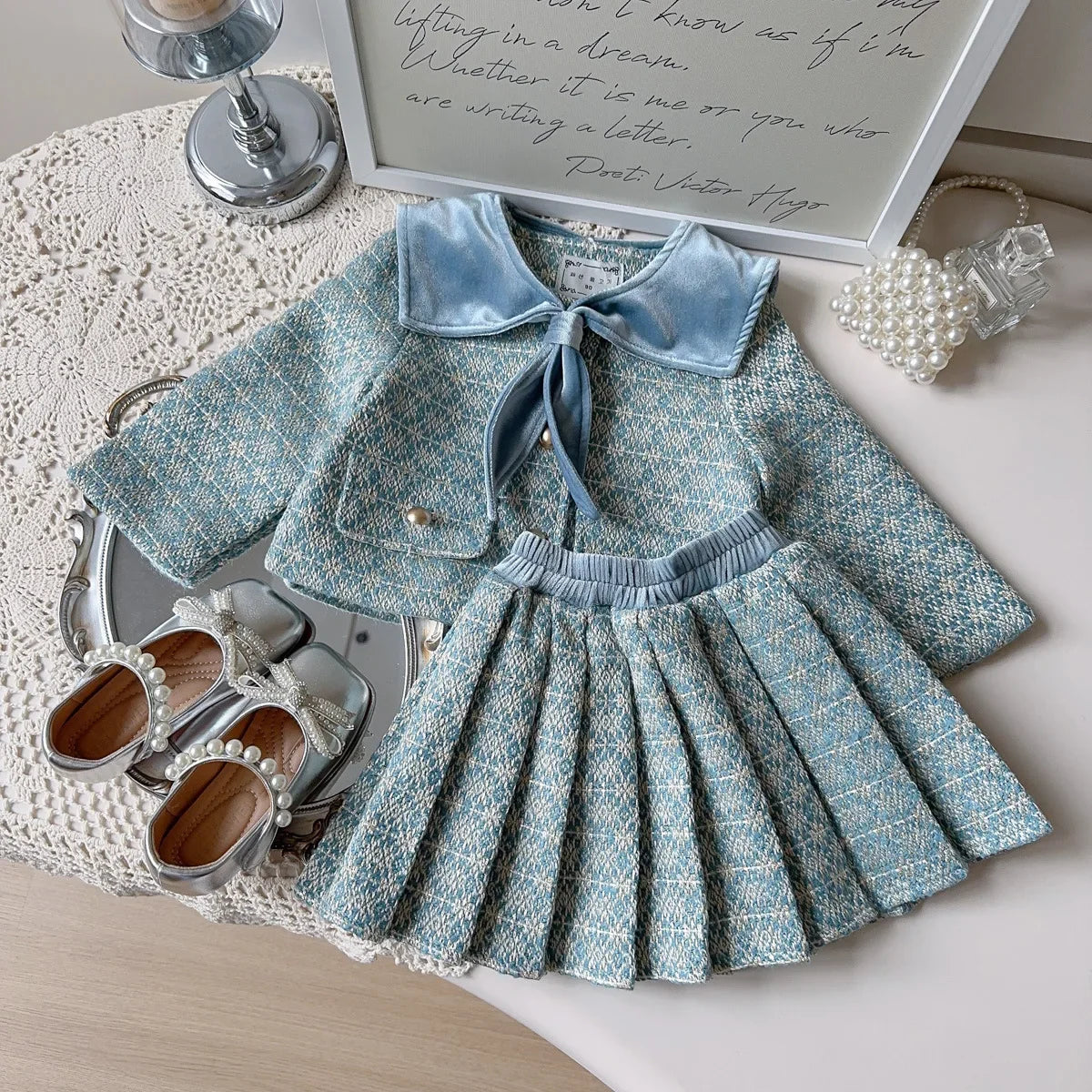 Girls' French Style Spring & Autumn Set 2025 – Baby Girl Two-Piece Outfit with Little Coat & Folding Skirt
