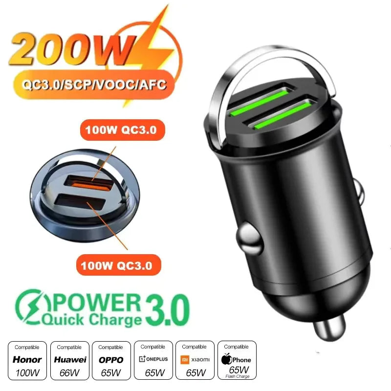 100W/200W Fast Car Charger - QC3.0 PD USB Type C Adapter for Xiaomi Samsung Huawei iPhone & 12-24V Vehicles