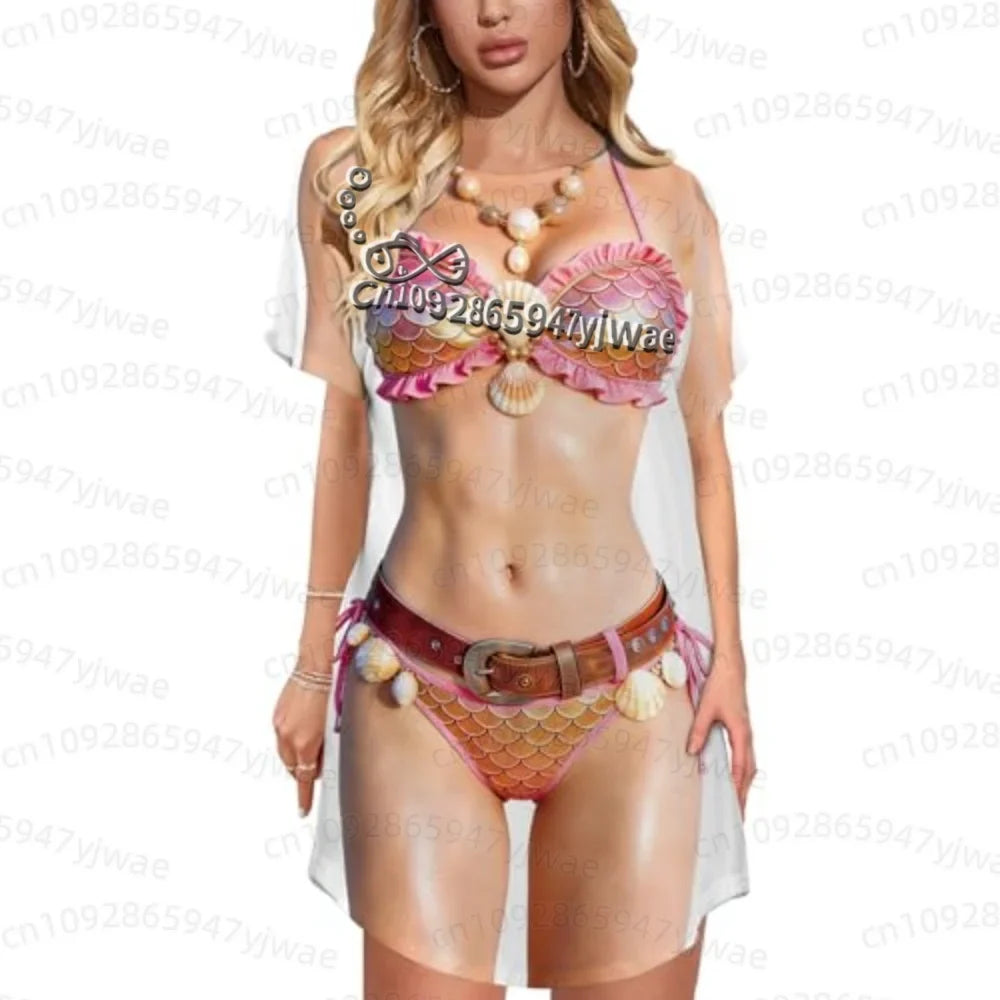 Women's 3D Bikini Print T-Shirt Dress - Casual Short Sleeve Summer Sleep & Home Dress