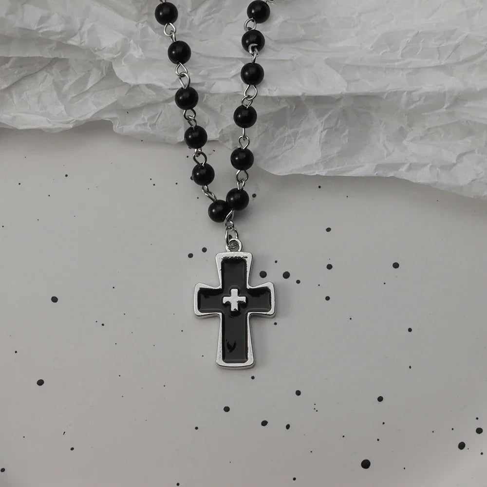 Gothic Bat Cross Necklace Set - Y2K Thorn Love Black Beaded Layered Jewelry for Halloween Parties