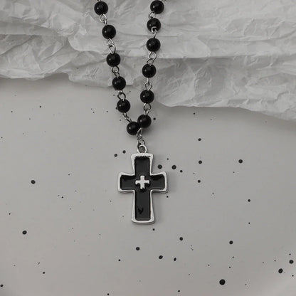 Gothic Bat Cross Necklace Set - Y2K Thorn Love Black Beaded Layered Jewelry for Halloween Parties