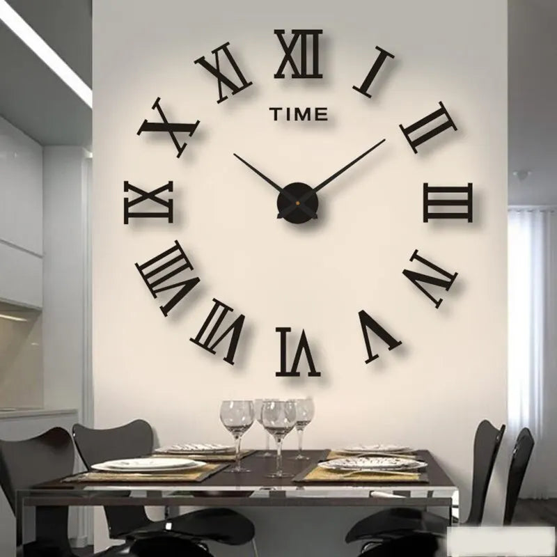 3D Acrylic Roman Numerals Digital Mirror Wall Clock – Large Round DIY Self-Adhesive Fashion Clock