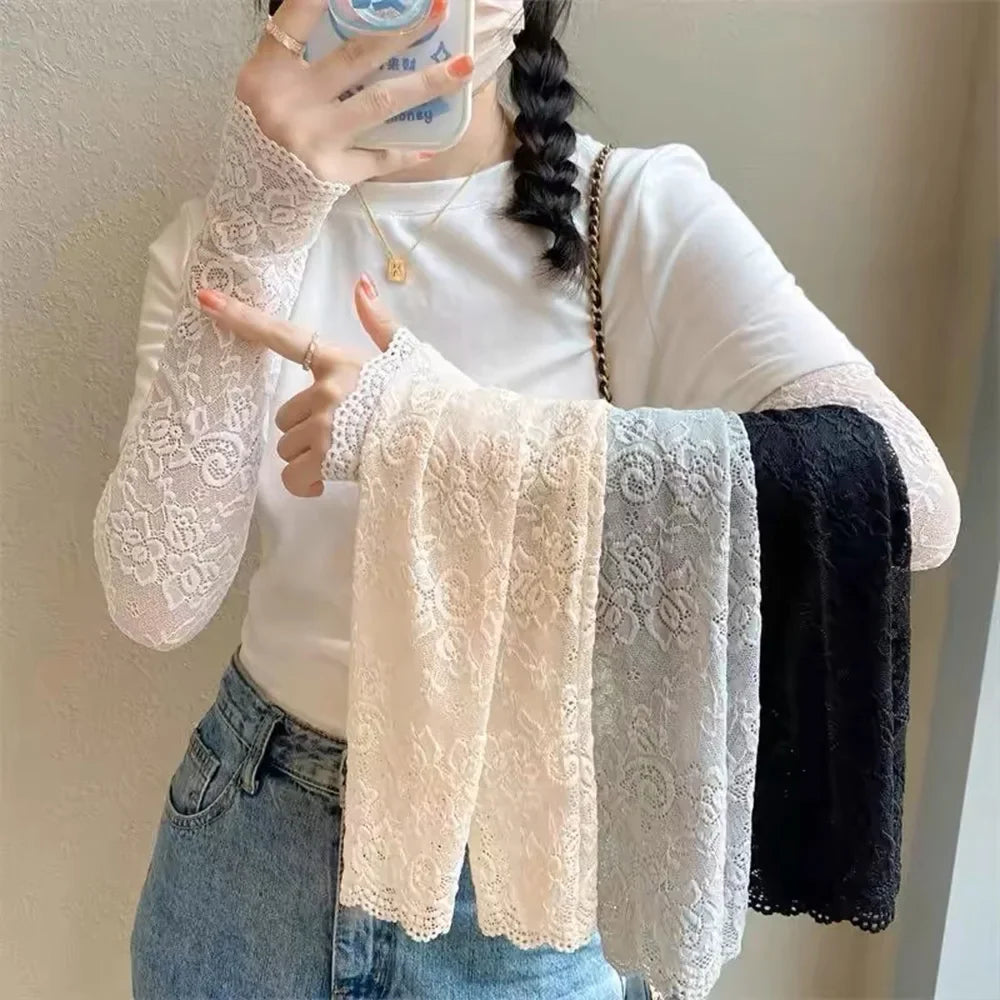Summer Lace UV Solar Arm Sleeves for Women - Fingerless Gloves with Elastic Driving Coverage - Anti-Sunburn Arm Protection and Sexy Wrist Mittens