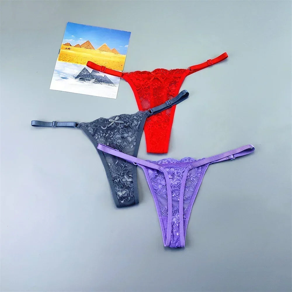Women's Transparent Lace Thong Set - 3PCS Adjustable Low Waist Sexy T-Back Underwear