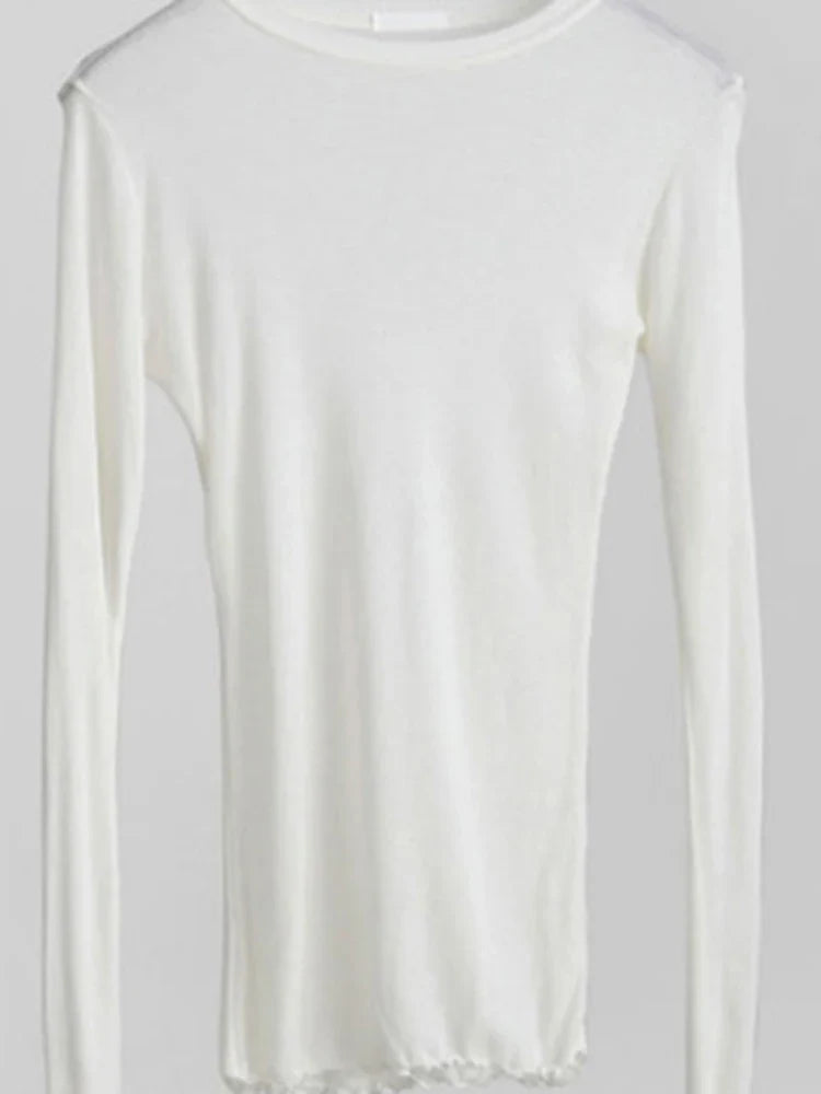 High Quality Women's Plain Cotton T-Shirt - Elastic Basic Long Sleeve Casual Top, Sexy Thin See-Through Tee