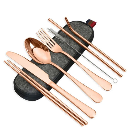 8-Piece Reusable Travel Cutlery Set — Stainless Steel Spoon, Fork, Chopsticks & Straw with Portable Case
