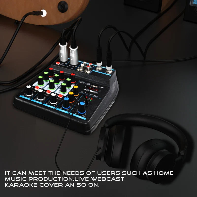 4 Channel DJ Mixer Console – Bluetooth, 48V Phantom Power, USB Audio Interface for Monitor & Karaoke System