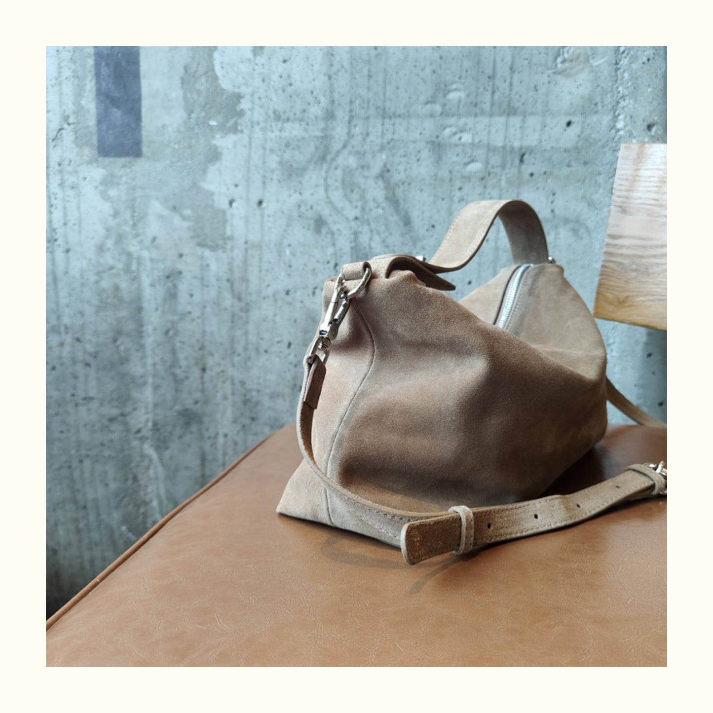 Simple Autumn Winter Grey & Brown Boston Tote — Soft Matte Suede Cow Leather Women's Shoulder Handbag