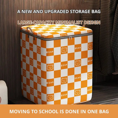 Portable Large Capacity Quilt Storage Bag - Cute Bear Plaid Pattern Clothes Organizer for Home Moving