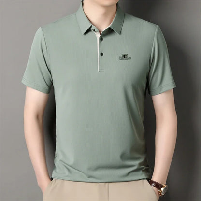 Men's Business Casual Short Sleeve Polo Shirt - Solid Color Breathable Badge Polo Top