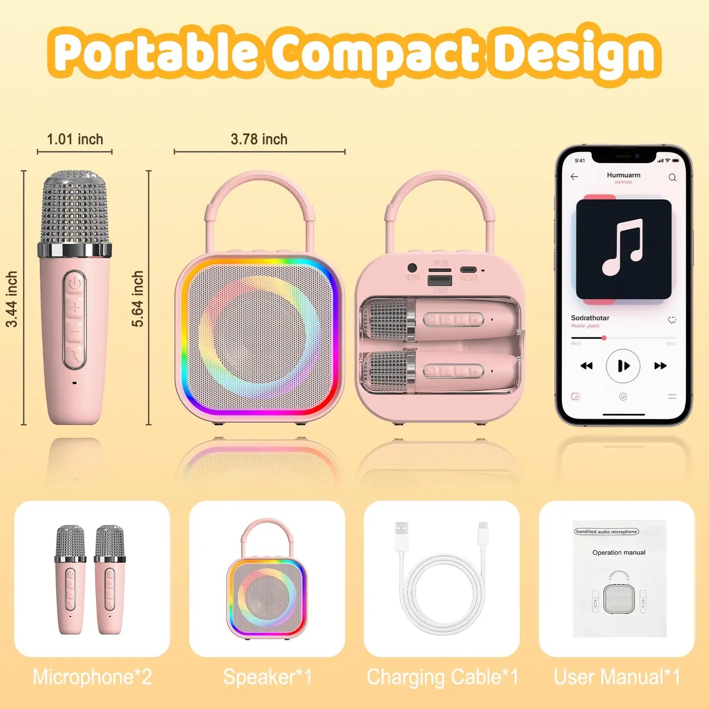 Haomuren Mini Karaoke Machine for Kids – Portable Bluetooth Speaker with 2 Mics, All-in-One Home Party Toy & Gift for Girls